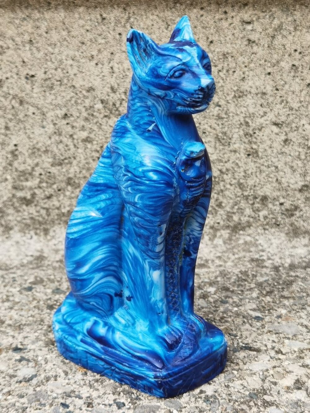 Large Egyptian Bastet Cat Statue Blue Marbled Faux Stone with Hieroglyph Base